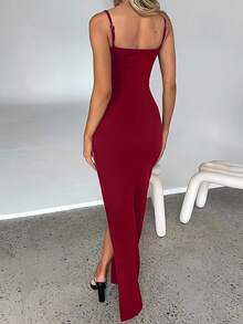 INAWLY Váy dây cao xẻ tà xếp ly kim loại phía trước gợi cảm, trang phục nghỉ dưỡng thanh lịch dành cho nữ - Màu Đỏ Sâu - Xem 2