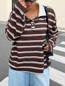 INAWLY Plus Size Women Casual Striped Contrast Color Polo Collar Loose Fit Long Sleeve T-Shirt, Suitable For Daily Commute And School, Spring/Autumn - Coffee Brown - View 4