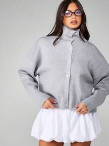 MISSGUIDED Ribbed Button Down High Neck Cardigan Sweater Chunky Knit Pullover Winter Autumn Knitwear Turtleneck Soft Cozy Jumper Trendsetter Style