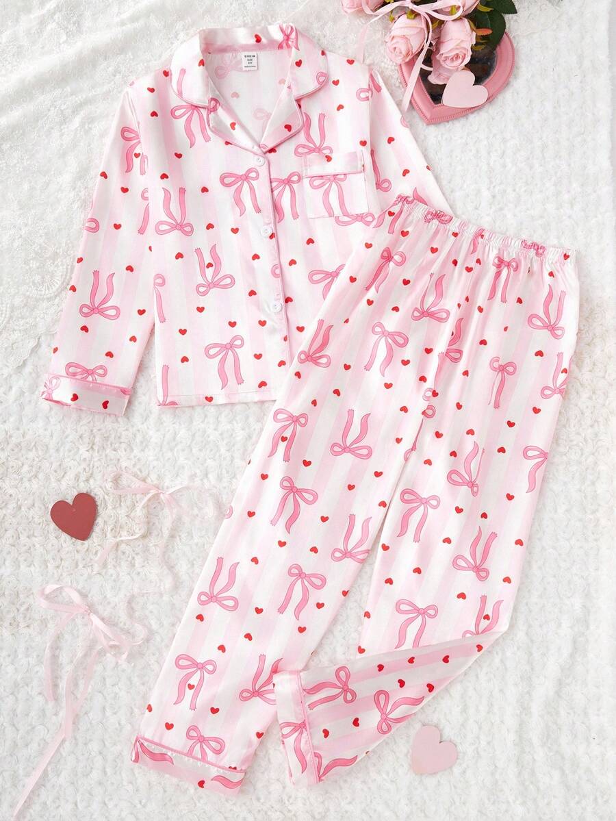 2件套女童可爱蝴蝶结印花翻领开衫和休闲裤舒适睡衣套装 - 彩色 - 查看 1