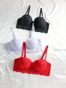 SHEIN 3件套性感蕾丝聚拢浪漫简约钢圈可调节抹胸式文胸女士