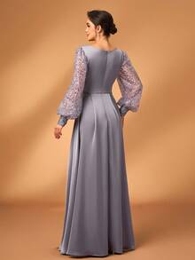 Serin 女士优雅奢华灰色闪亮串珠亮片装饰缎面长袖交叉 V 领褶皱 A 字下摆新娘母亲婚礼宾客派对礼服 - 灰色 - 查看 3