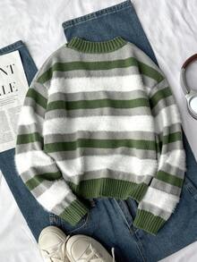 SHEIN 女童条纹针织毛衣外套，时尚简约，长袖，秋冬 - 軍綠色 - 查看 2