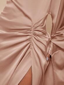 COSMINA Đầm dài tay xếp ly xẻ cao thanh lịch màu trơn dành cho nữ - Bụi hồng - Xem 7