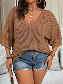 Vionelle Solid Color Plus Size Hollow Out Pullover Sweater, Plus Size Knit Pullover Fall Winter Autumn - Rust Brown - View 5