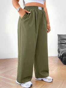 SHEIN PETITE CURVE Quần ống rộng màu đen thường ngày cỡ lớn dành cho nữ - xanh quân đội - Xem 5