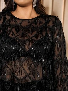 Elaquor Áo cánh tay dài cổ tròn tua rua sequin cỡ lớn thời trang cho nữ - màu đen - Xem 7