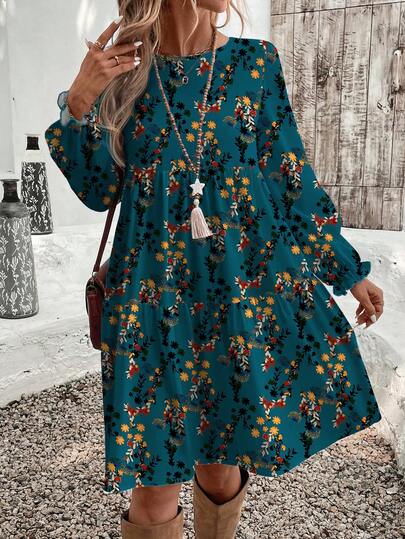 EMERY ROSE Thanksgiving Vintage Floral Casual Minimalist Ditsy Floral Pattern Loose Fit Round Neck Plus Size Dress, Suitable For Autumn/Winter Party