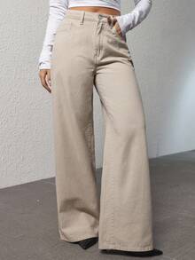 SHEIN ICON 女式高腰口袋阔腿宽松休闲牛仔裤 - 白色 - 查看 6