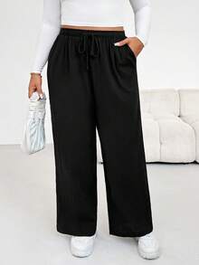 Shapeblank Pantalones casuales anchos de pierna ancha de algodón arrugado con cintura con cordón para mujeres de talla grande con forma de manzana, adecuados para vacaciones de invierno, pantalones negros, atuendos de aeropuerto, atuendo casual, pantalones de invierno para mujeres, atuendos de invierno para mujeres - Negro - Ver 5