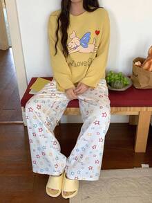 DAZY Cartoon & Letter Graphic Drop Shoulder Top & Pants PJ Set Fall Winter Clothes - Yellow - View 8