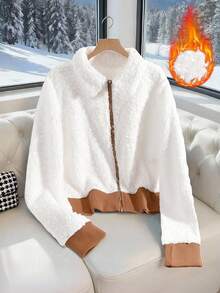 GlowEve Standard Size Women's Autumn/Winter Fuzzy Ribbed Patchwork Jacket, Christmas