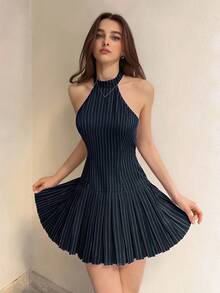 Sweetina Vestido mini con pliegues, halter, sin espalda y ajustado con rayas estilo vintage campus - Azul Marino - Ver 5