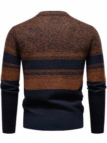 Manfinity Homme Herren Lässig gestreifter Rundhals Langarm Loose Fit Strickpullover, Herbst/Winter - Braun - Übersicht 2