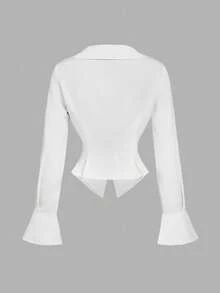 SHEIN MOD 女式纯色领侧褶长袖休闲衬衫 - 白色 - 查看 2