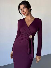 Firerie Women's Christmas  Solid Color Overlap V-Neck Batwing Sleeve Pleated Elegant Dress Elegant Dresses For Party Elegant Christmas Clothes For Women New Year Clothes - Red Violet - View 8
