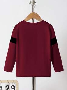 Vacaura Young Boys' Casual Color Block Long Sleeve Round Neck T-Shirt,Sports Style Design Tops For Summer,School,Spring,Autumn,Outdoor Activities,Daily Wear - Burgundy - View 2