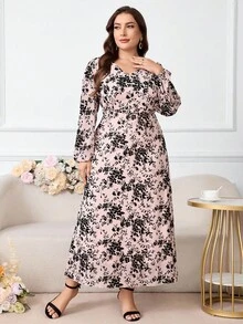 Modelyn 加大码优雅花卉印花中长连衣裙，适合通勤 - 淺粉色 - 查看 6