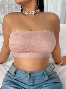 SHEIN 1pc Plus Size Lace Patchwork Wireless Camisole Bra - Apricot - View 4