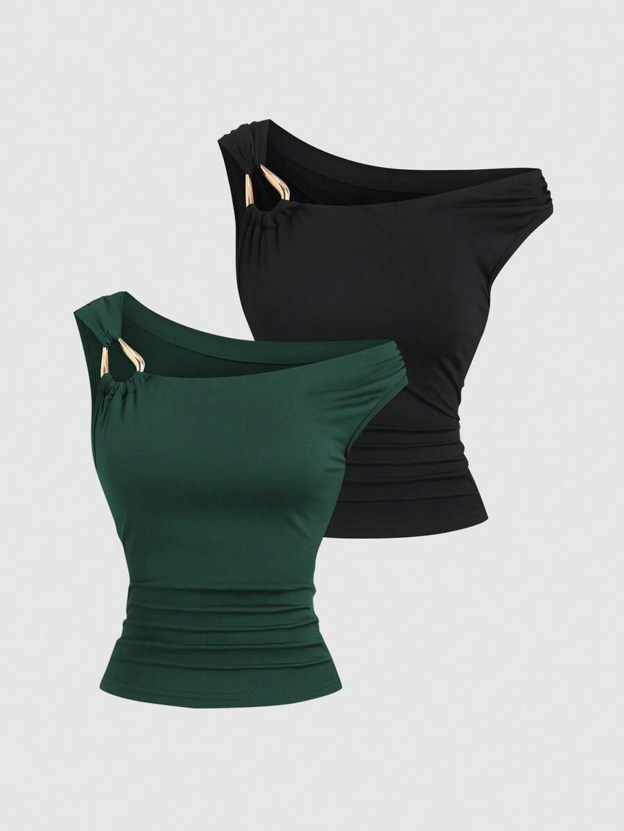 Sweetra Women's Elegant Metal Decor Asymmetric Shoulder Ruched Camisole, Summer - Multicolor - View 1