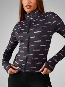 Missguided x Playboy Retro Y2K Style Full Zip Mock Neck Fashion Jacket Allover Logo Print Long Sleeve Lightweight Fall Winter Outerwear Streetwear Statement