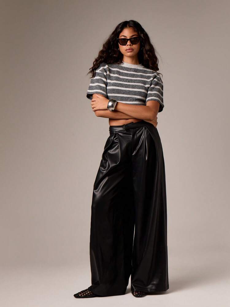 Striped Mock Neck Crop Top With Short Sleeves
