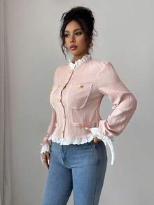 Elenzga Women's Elegant Contrast Color Lace Trim Jacket, Autumn - Pink - View 3
