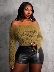 SHEIN SXY Plus Size Women Sexy Casual Off Shoulder Turndown Collar Leopard Patchwork Short Pullover Sweater, Autumn/Winter - Multicolor - View 6