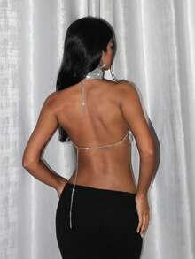 EgrlEra Metallic Mesh & Rhinestone Decor High Neck Backless Halter Top - Silver - View 2