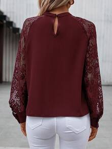 SHEIN Clasi Damen elegante Bluse mit Schlüsselloch-Ausschnitt, Spitzen-Patchwork und Raglanärmeln, Herbst - Bordeaux - Übersicht 2