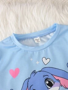 SHEIN طقم بيجامة كاجوال من الفلانيل للفتيات المراهقات، طباعة جرافيك جميلة - ازرق وابيض - مشاهدة 4