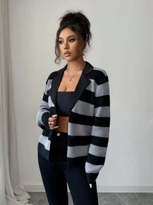 SHEIN Elenzya Women's Black Autumn Casual Striped Knit Cardigan,Streetwear Back-To-School Vintage Grunge Korean Style,Versatile Occasion Sweater For School,Work - Multicolor - View 3