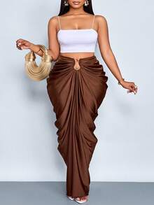 SOLERSUN Fustă de damă de mărime mare, model faii și de iarnă, culoare solidă, cu adunări, încrețite, din pânză de toamnă pentru femei, design Cocoon Wrap, fustă metalică, decorațiune Muse, plisată, geantă de șold, maro, tricotat, material cocktail, asociată cu fustă de întâlnire - cafea maro - Vizualizare 6