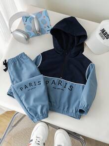 SHEIN Bộ Hai Món Bé Trai Bé Gái In Chữ Màu Khối Có Mũ Và Quần Thể Thao - Màu xanh lam - Xem 5