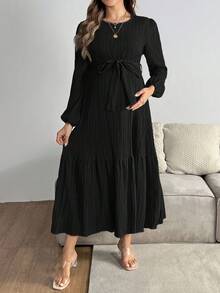 SHEIN Gravidklänning med rund hals och lanternärm i midjan och knytband - Svart - Visa 3