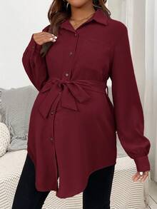 SHEIN Pregnant Women's Casual, Everyday, Workwear Versatile Solid Color Patchwork Pocket Belted Shirt, Spring/Autumn