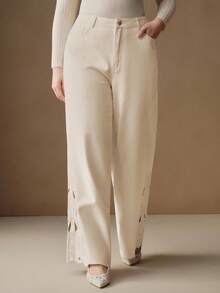 Anewsta Women's Fashionable Embroidered White Straight-Leg Pants - Beige - View 5