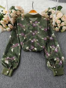 DreamSkyne 大码女式花卉镂空印花翻领长袖休闲优雅衬衫 - 軍綠色 - 查看 2