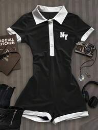 Attitoon Mono de mujer con estilo minimalista y casual, cuello polo, contraste de color negro y blanco, estampado con letras NY, adecuado para principios de otoño, estilo versátil, vintage, sexy, lindo, Y2K, chica de coco, bohemio, hippie, festival de música, adecuado para otoño/invierno