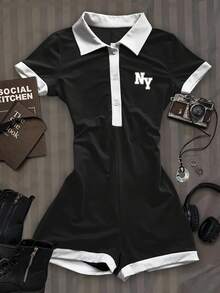 Attitoon Casual Minimalist College Style Polo Collar Contrast Color Black & White NY Letter Placement Print Pattern Women's Jumpsuit, Suitable For Early Autumn, Versatile Style, Vintage, Sexy, Cute, Y2K, Coconut Girl, Boho, Hippie, Music Festival, Suitable For Autumn/Winter