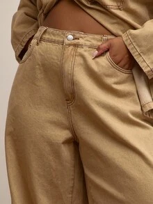 MUSERA Plus Size Washed Wide Leg Jeans , Winter, Everyday, Cute, Casual, Cozy, Galleries - Yellow - View 5