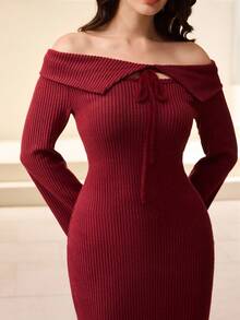 Modelyn Elegante vestido midi de manga larga con cuello, cintura anudada y bajo de cola de pez de punto para mujeres - Rojo - Ver 6