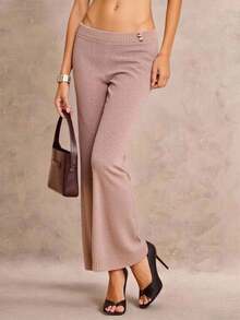 Glamine Pantalones de punto de unicolor casual con botones decorativos para mujer, otoño/invierno - Caqui - Ver 8