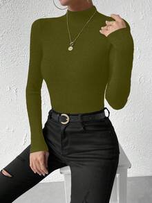 SHEIN Sweater Wanita Lengan Panjang Kerah Tegak Warna Polos, Pas Badan, Musim Gugur/Dingin - Olive Green - View 7