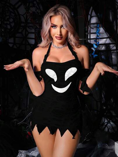 Fantasy Costume Demon, Monster, Hollow, Distressed, Asymmetrical Hem, Quirky, Cute Crotchless Halloween Lingerie, Sexy Cosplay Lingerie, Role Play, Party, Music Festival, Bar, Club Outfit, Trick Or Treat Women's Costume Role Play Costume Lingerie