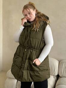 SHEIN CURVE+ Curve Plus Zip Up Hooded Vest Coat, For Winter - Army Green - View 7