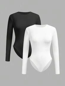 SHEIN BASICS 2 件套女士休闲罗纹紧身衣，黑白，百搭分层单品，适合秋冬季 - 彩色 - 查看 10