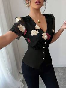 Selianne Áo sơ mi nữ cổ chữ V thắt eo in tiền cổ điển và thêu ren thanh lịch mùa hè, phù hợp để đi làm và đi nghỉ - màu đen - Xem 4