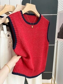 Franclia Casual Loose Crew Neck Sleeveless Knit Contrast Trim Khaki Sweater Top For Women, Spring/Autumn - Red - View 3