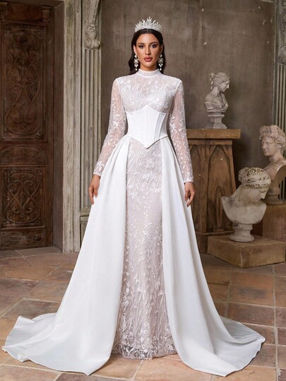 Aureia Elegant, Luxurious And Romantic White Mandarin Collar Long Sleeve French Lace And Chiffon With Pleated Satin Oversized A-Line Hem, Suitable For Weddings, Parties, Vacations, Graduations, Bridal Gowns